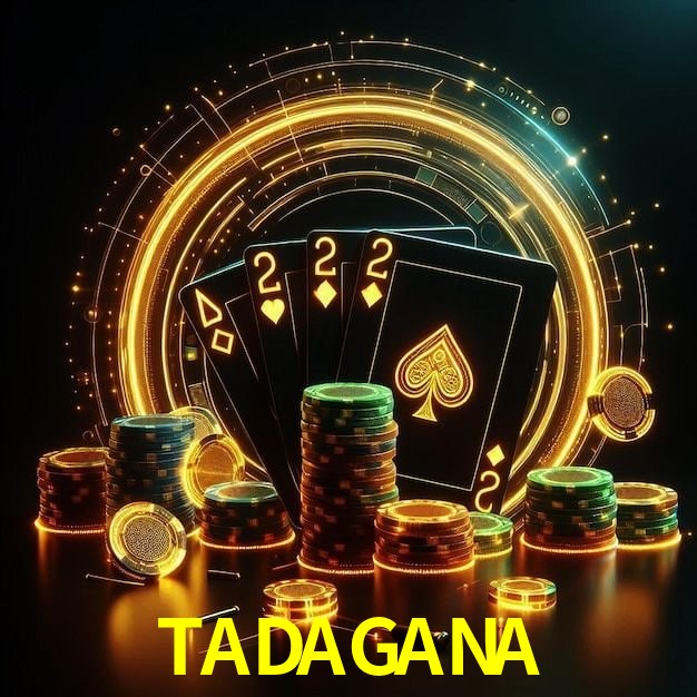 Escena dinámica inspirada en casino con iluminación TADAGANA, cartas, fichas e íconos de juegos digitales en un espacio moderno de juegos.