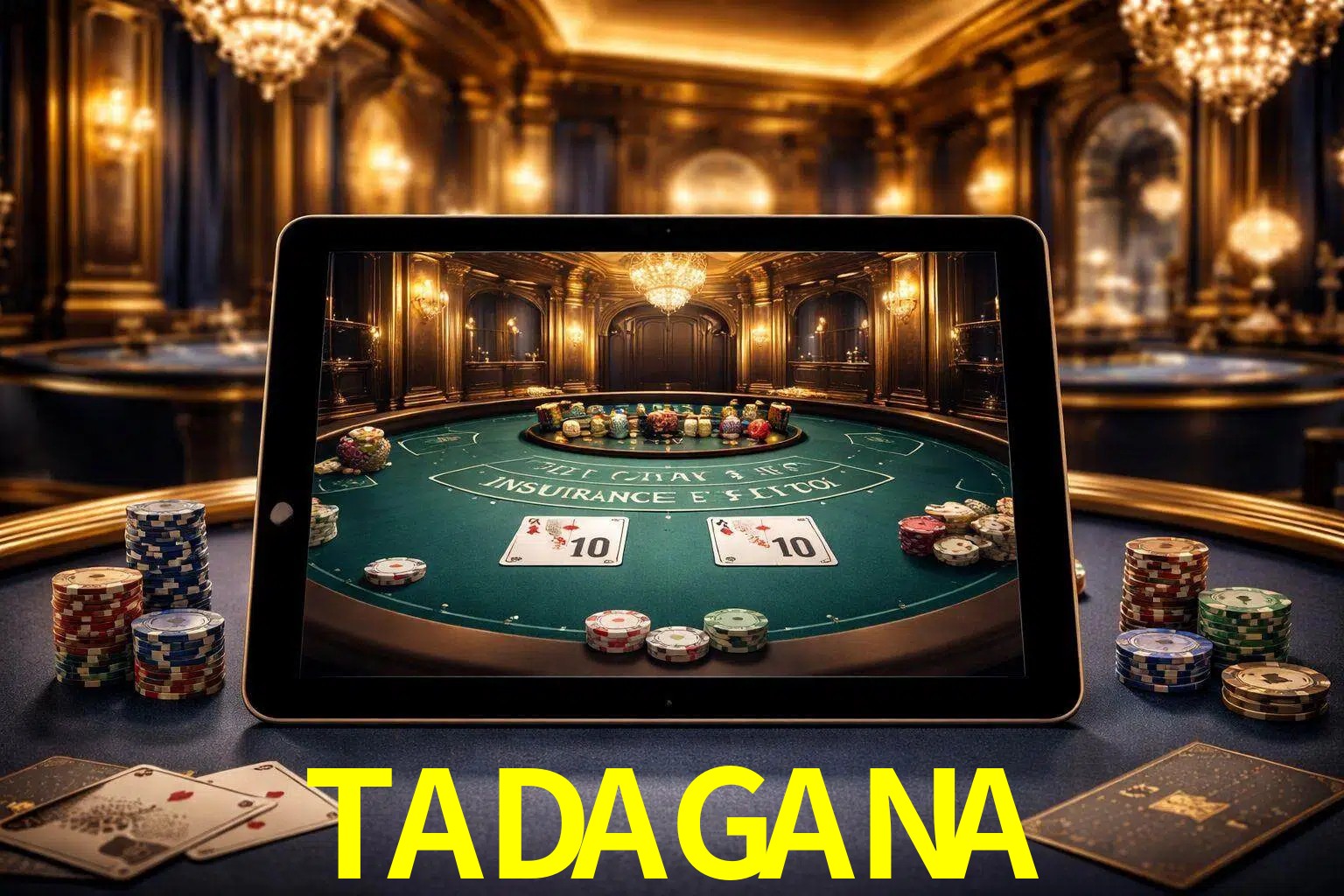 Configuración moderna de casino en vivo con una tableta mostrando una mesa de blackjack, luces cálidas de estudio y una atmósfera elegante de juegos digitales.
